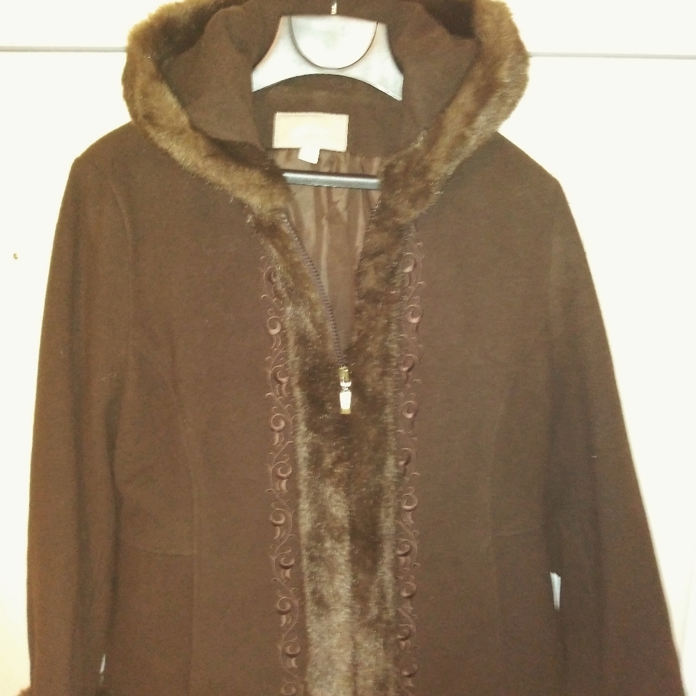 Croft & Barrow Women WOOL Brown Imitation Fur Coat